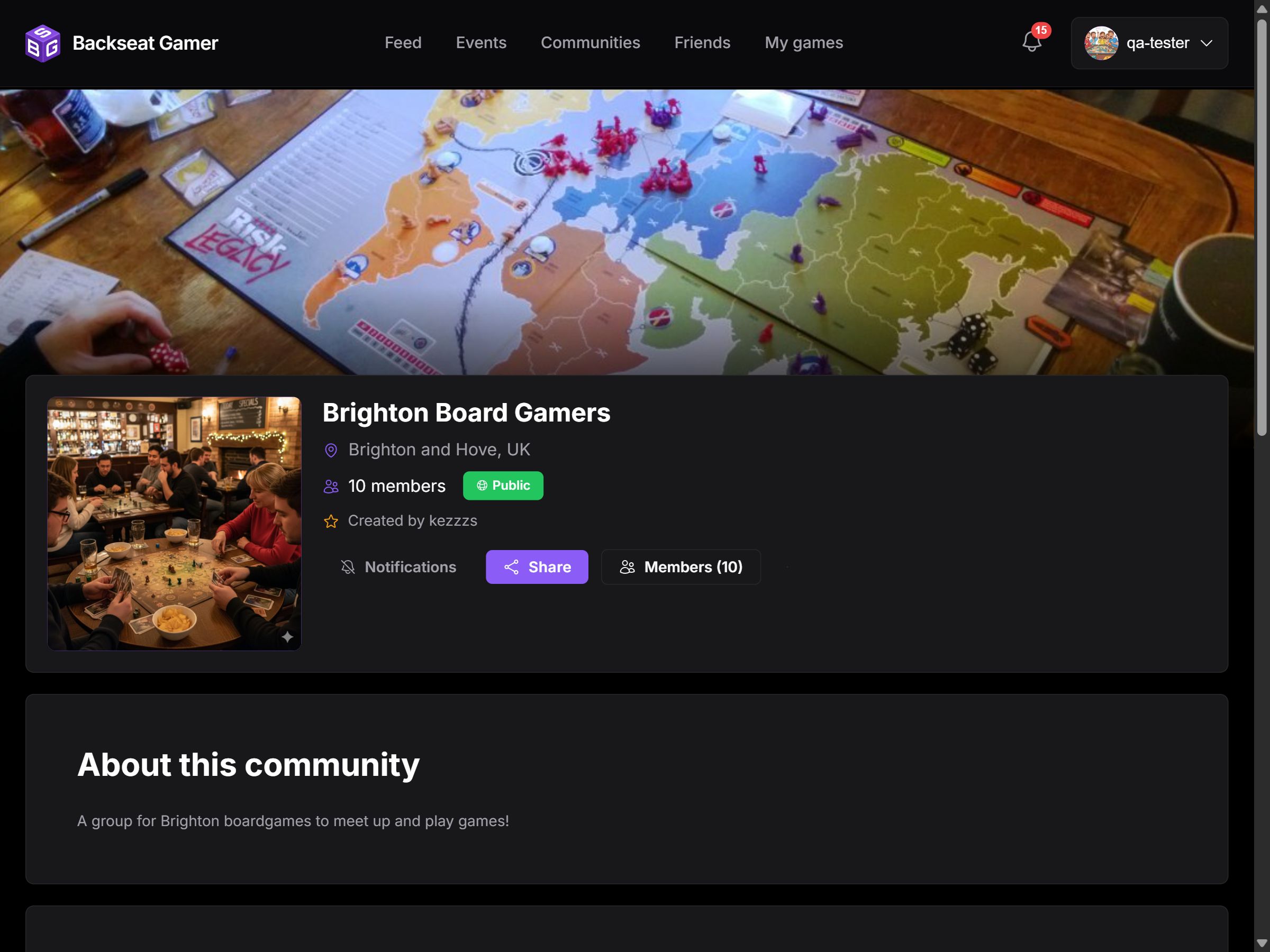 Board gaming community page with cover photo, member count, and upcoming events