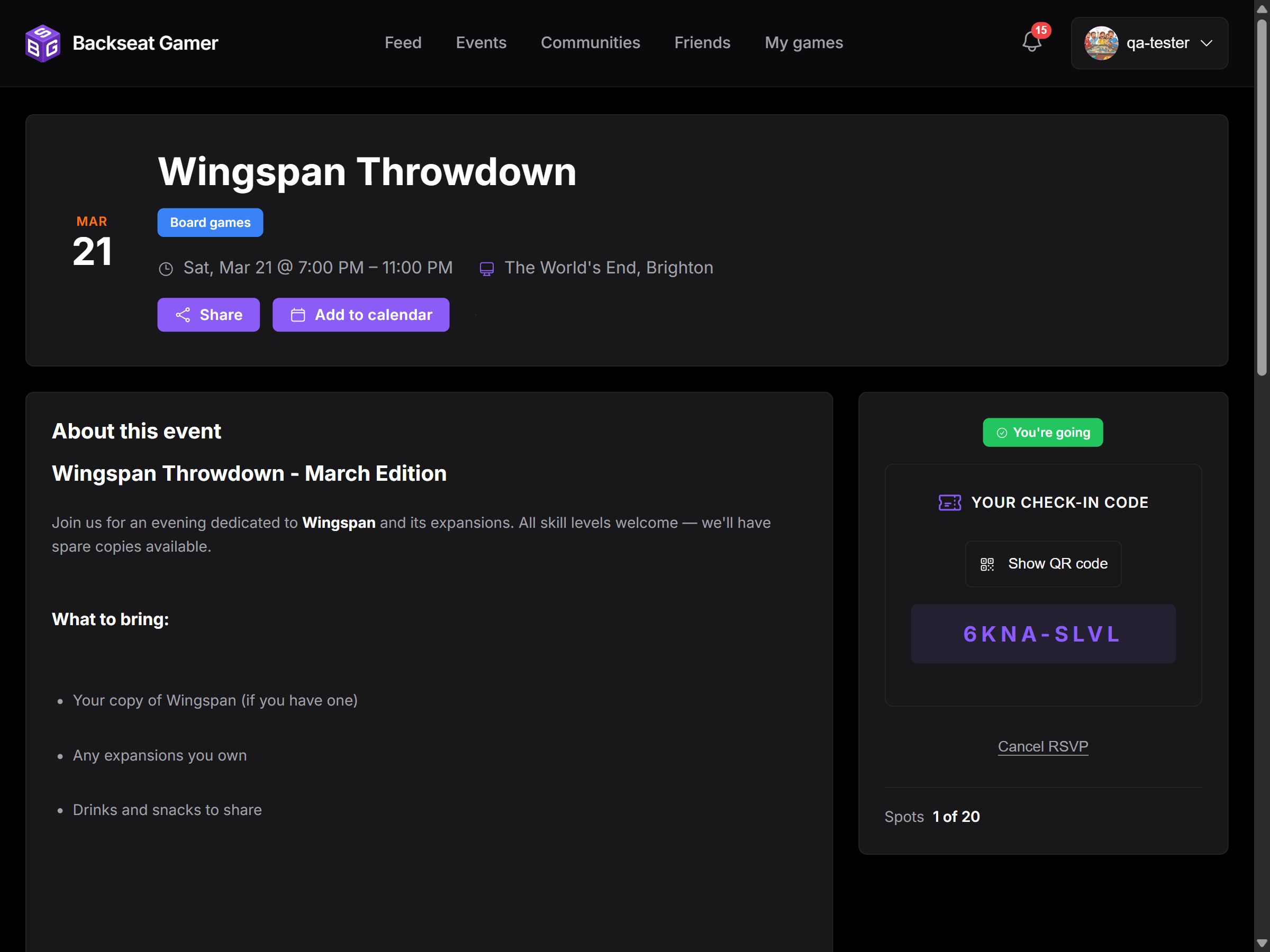 Event detail page showing RSVP button, attendee list, and calendar export options