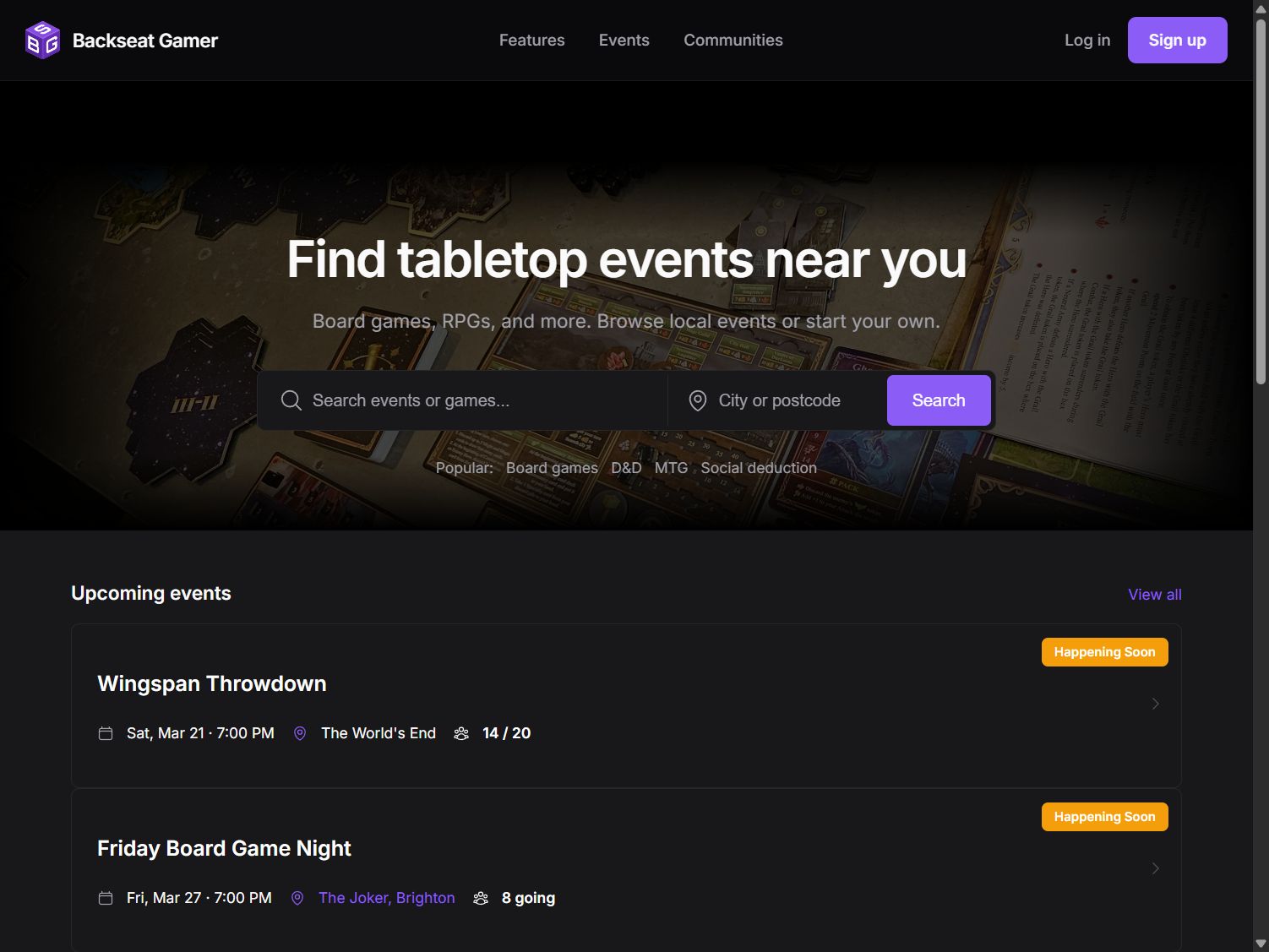 Backseat Gamer homepage showing event search by location with upcoming board game nights